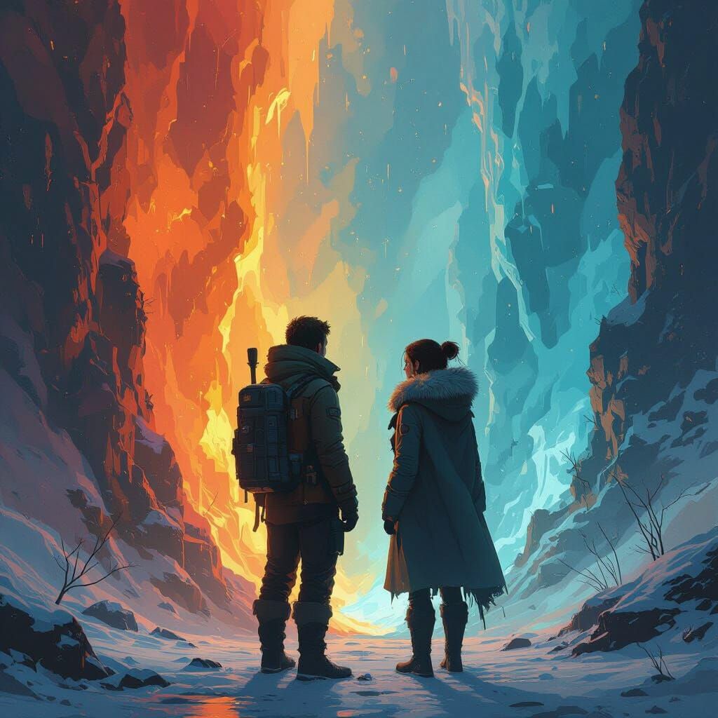 Fire and Ice Unite: Hyperrealistic Elemental Splash Art