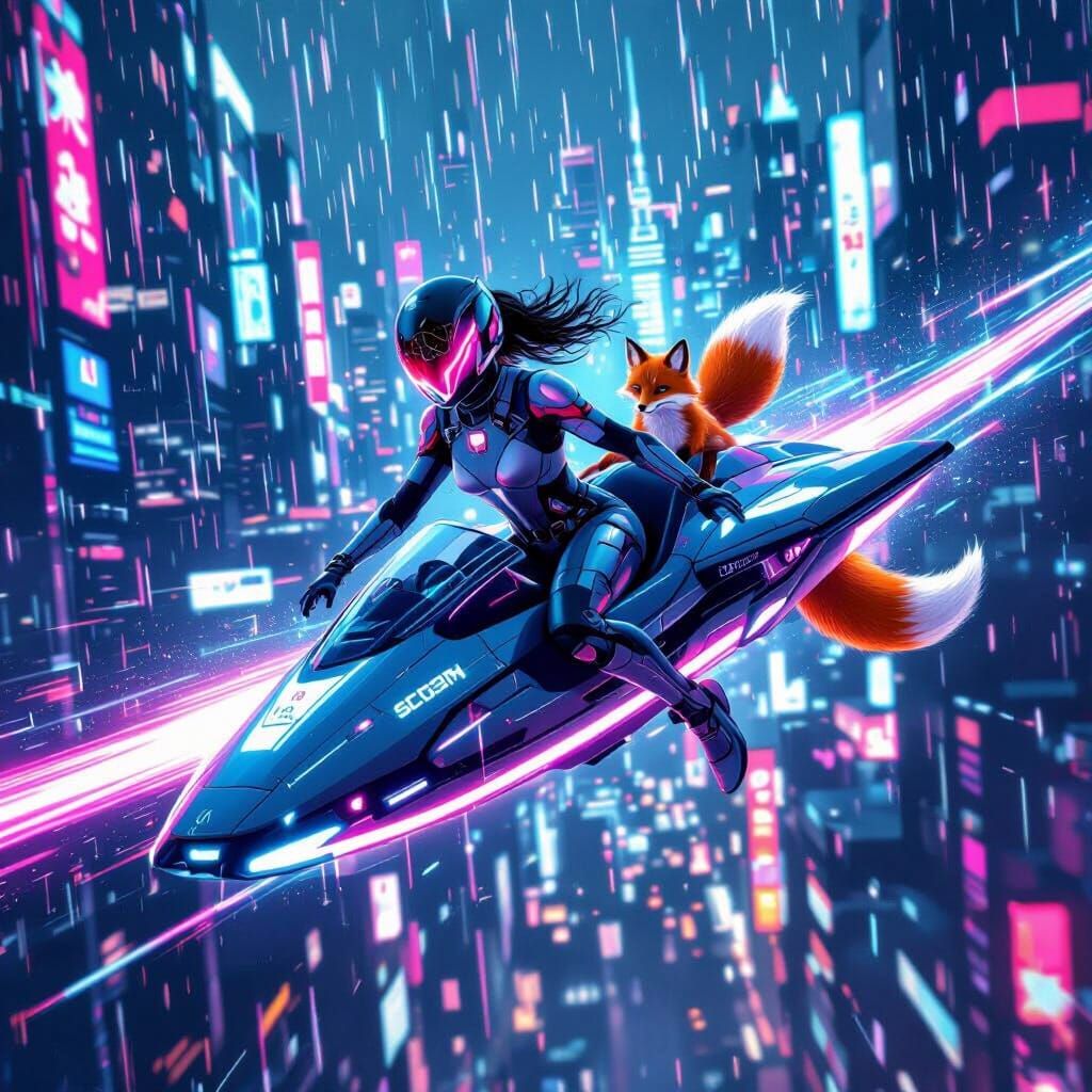 Cyber Artemis Soaring Above Neon Cityscape