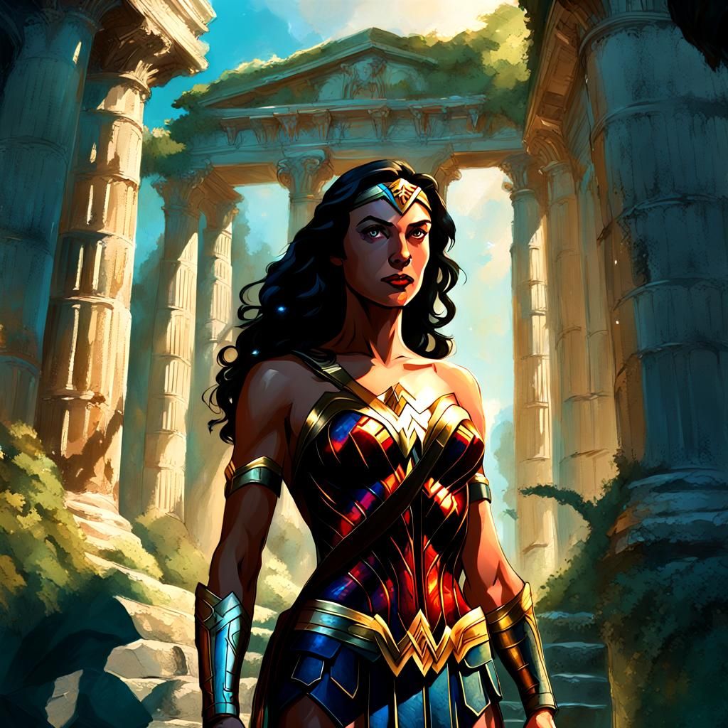 Wonder Woman in Ancient Greek Temple, Fantasy Art
