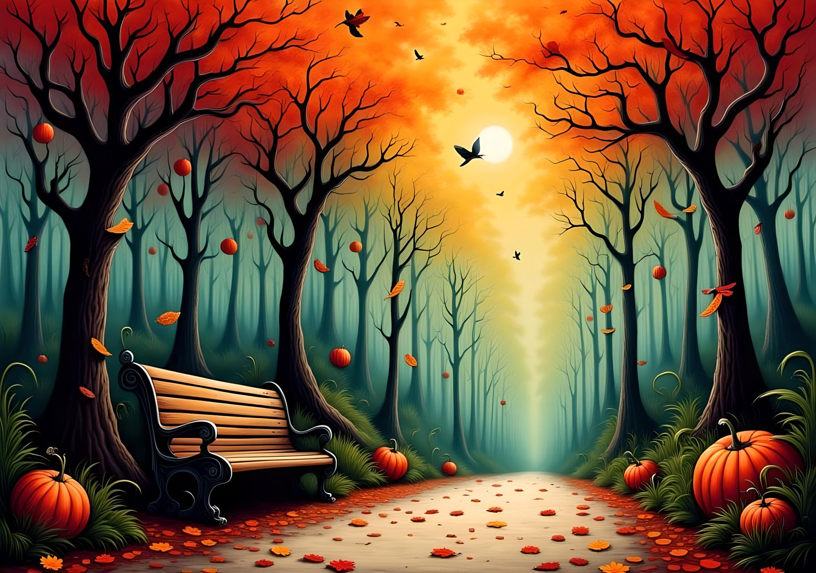 Park Bench in Autumn, Burtonesque Surreal Horror