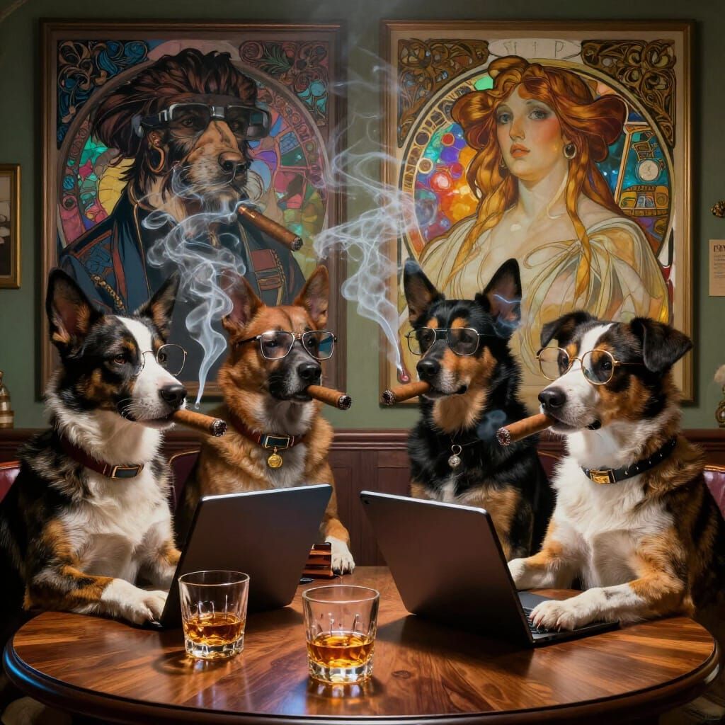Anthropomorphic Dogs with Cigars and iPads