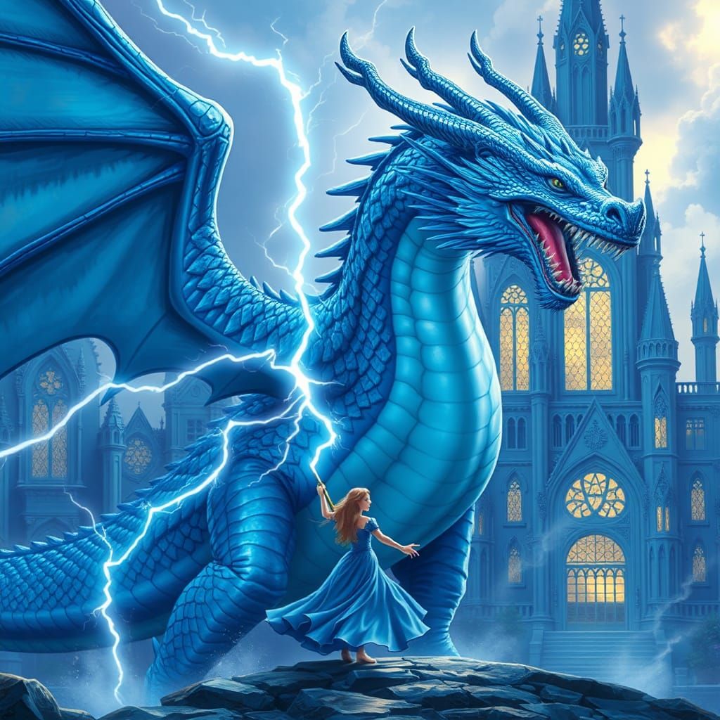 Blue Dragon Princess and Lightning Castle in Fantasy Style