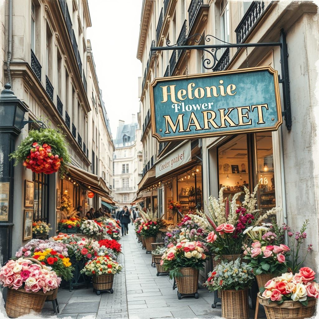 Vintage Parisian Florists Selling Blooms in Baskets and Bouq...