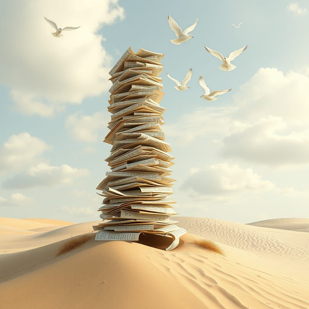 Tower of Book Pages Transforming into Birds