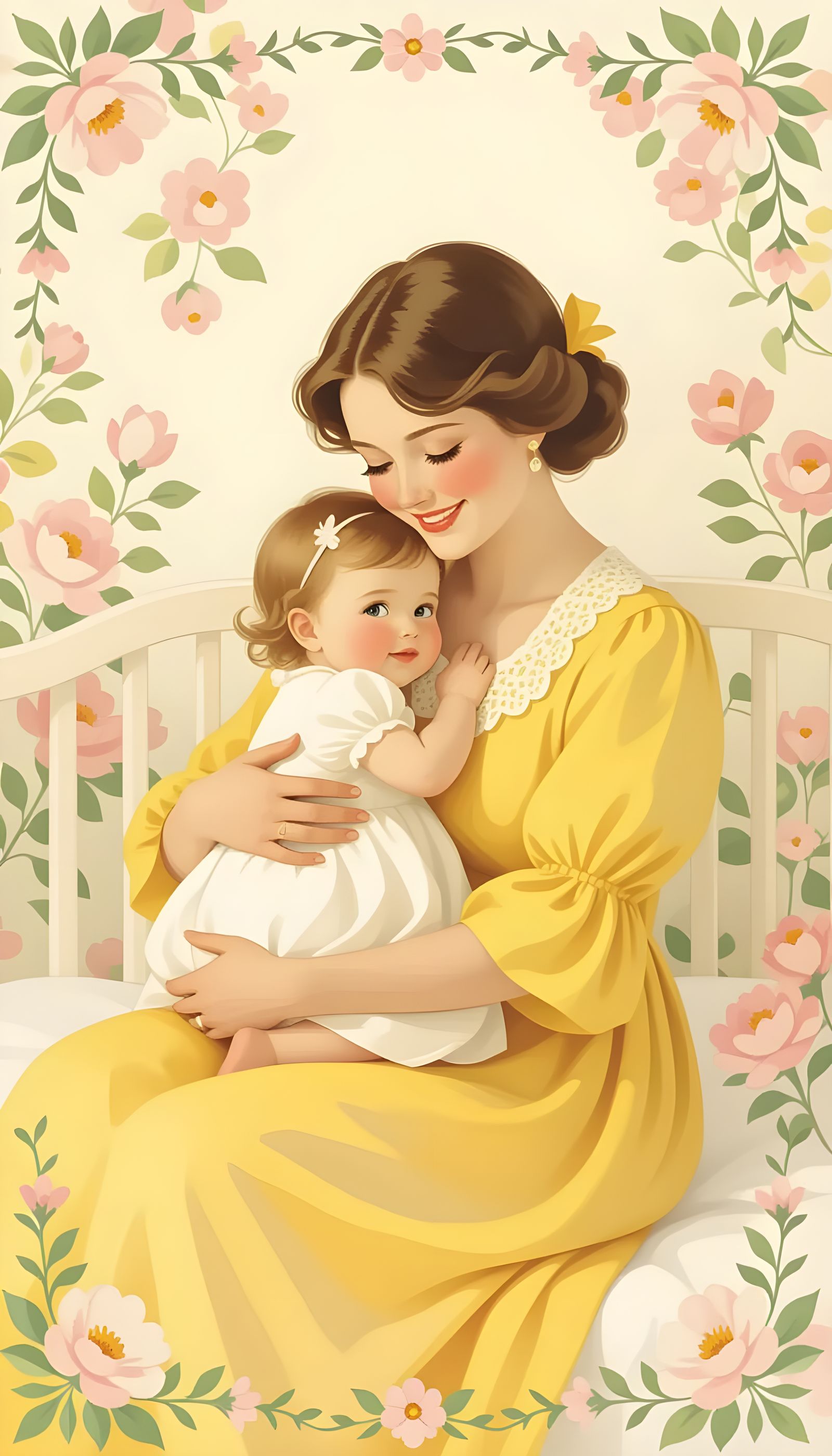 Watercolor Painting of Mother and Baby Girl