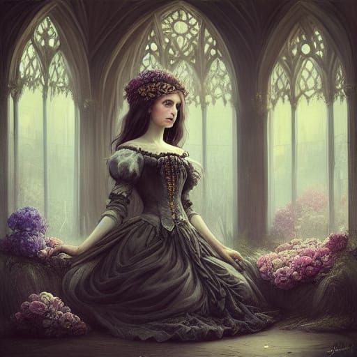 Dreamlike Woman in Floral Field, Digital Painting