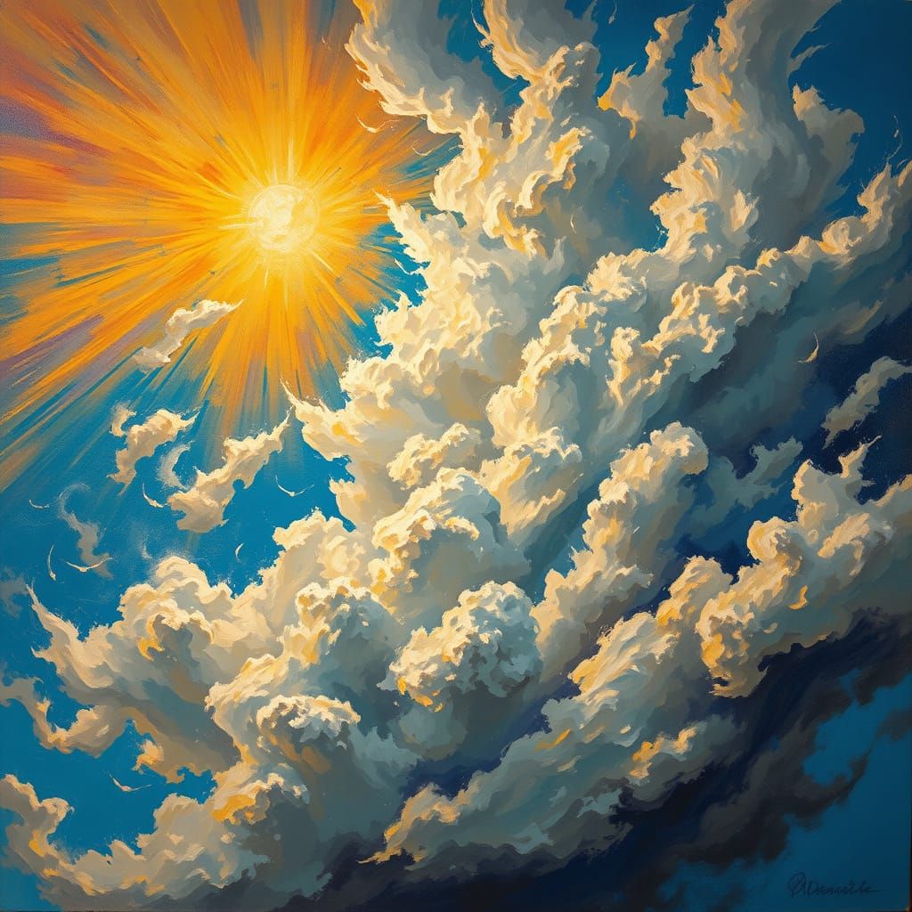 Vibrant Storm Clouds Dance in a Radiant, Surreal Sky