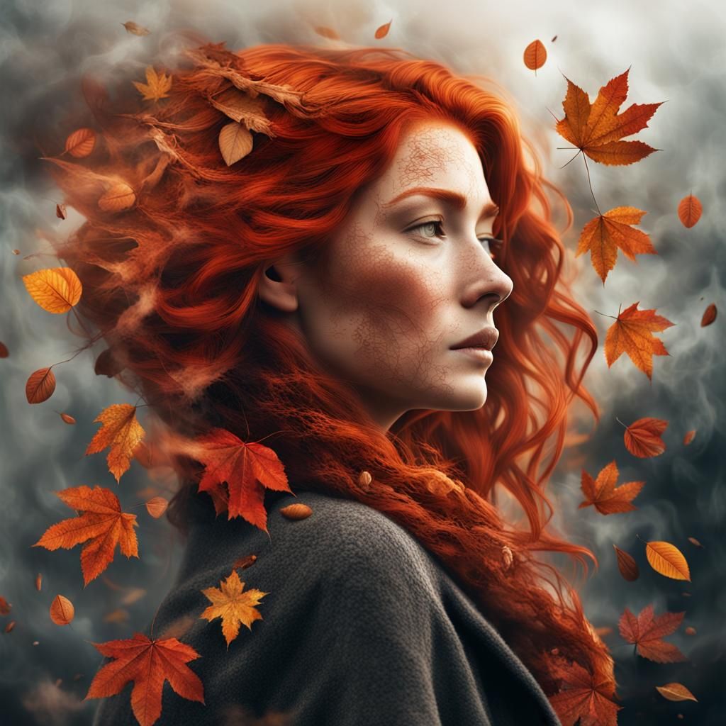 Autumnal Woman: Portrait with Hair of Leaves