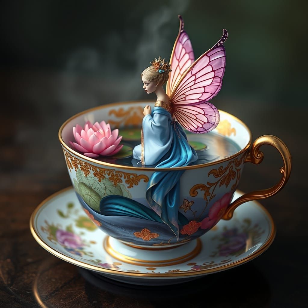 Mourning Fairy Geisha in Teacup Lily Pond