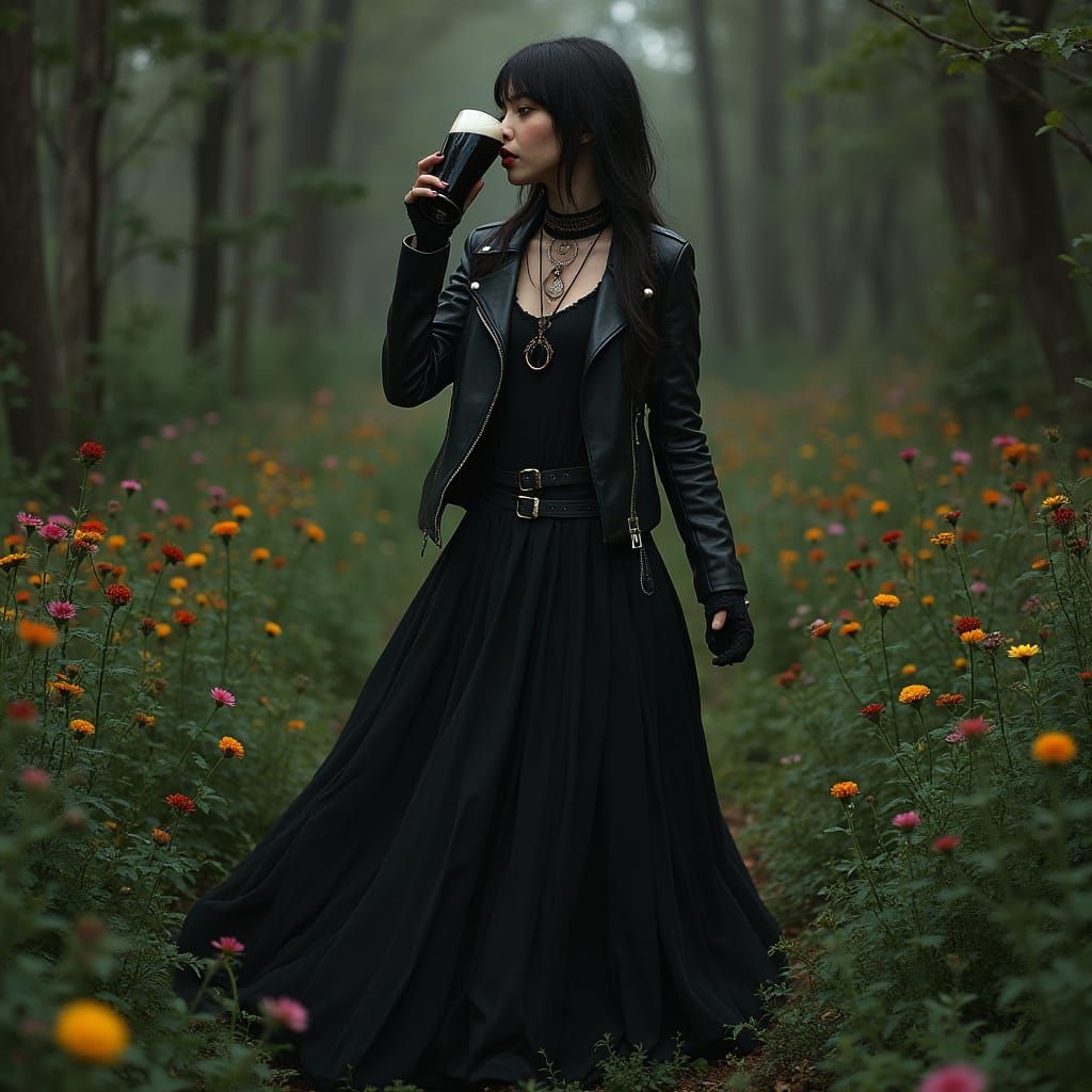Gothic Woman Enjoying Beer in Lush Garden, Digital Art