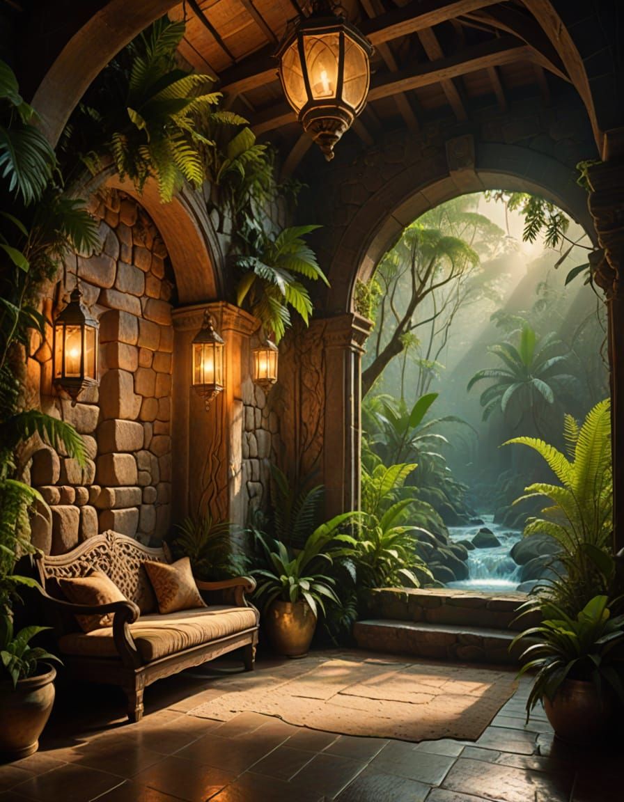 Serene Biophilic Interior with Wooden Arches and Volcanic St...