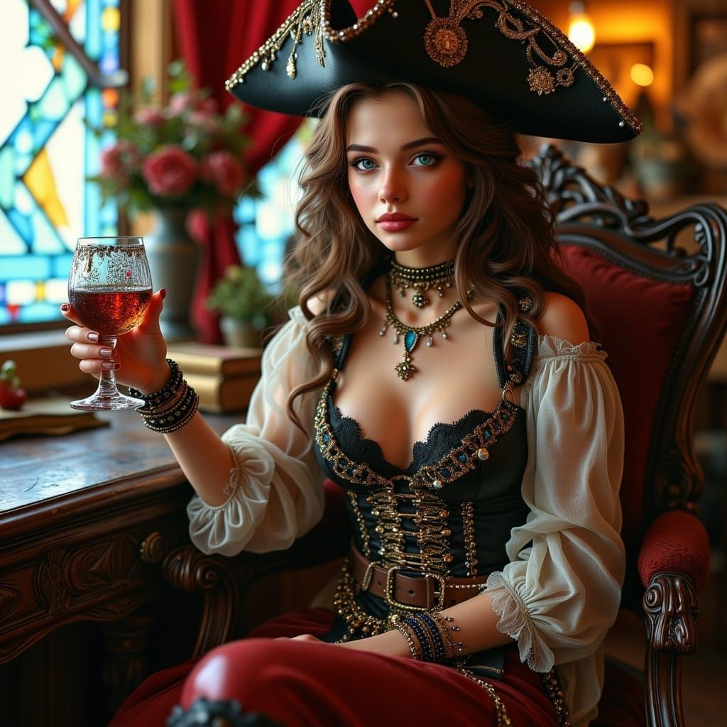 Pirate Captain in Ornate Cabin, Realistic Art Style
