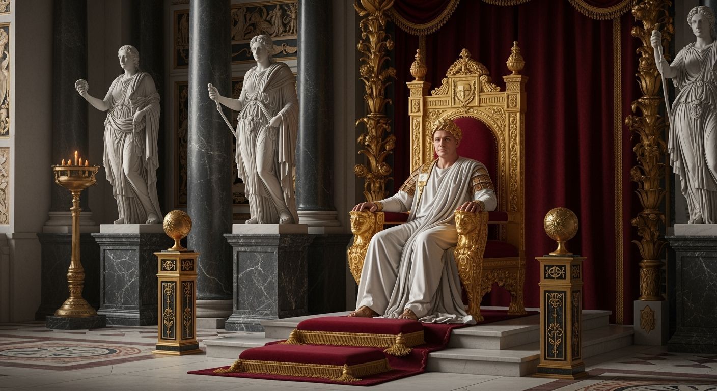 Majestic Emperor on Gold Throne in Roman Palace