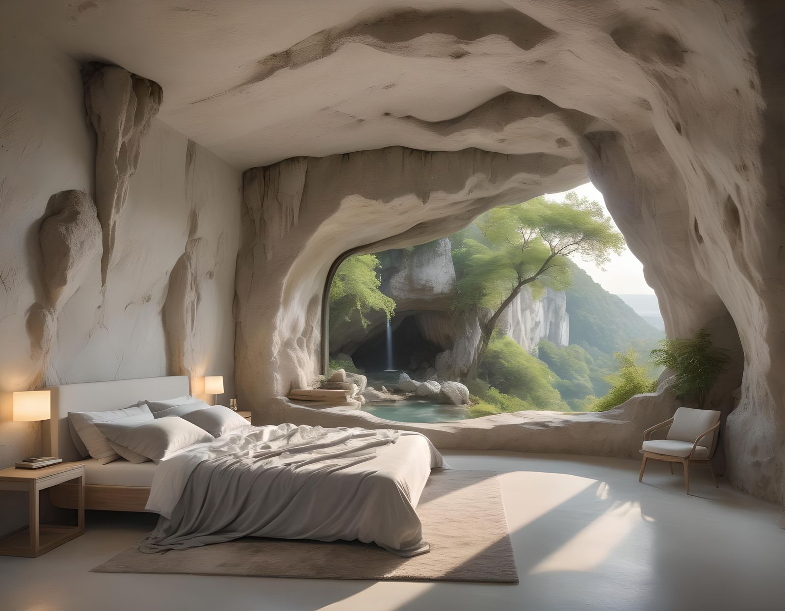 Minimalist Cave Bedroom with Waterfall: Photorealistic Inter...