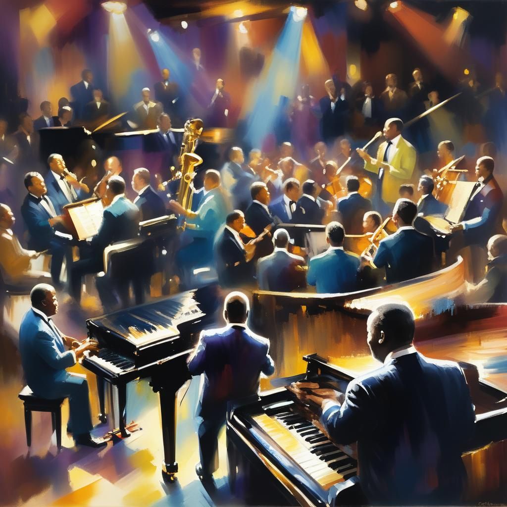 Oscar Peterson Jazz Band Performance, Impressionist Painting