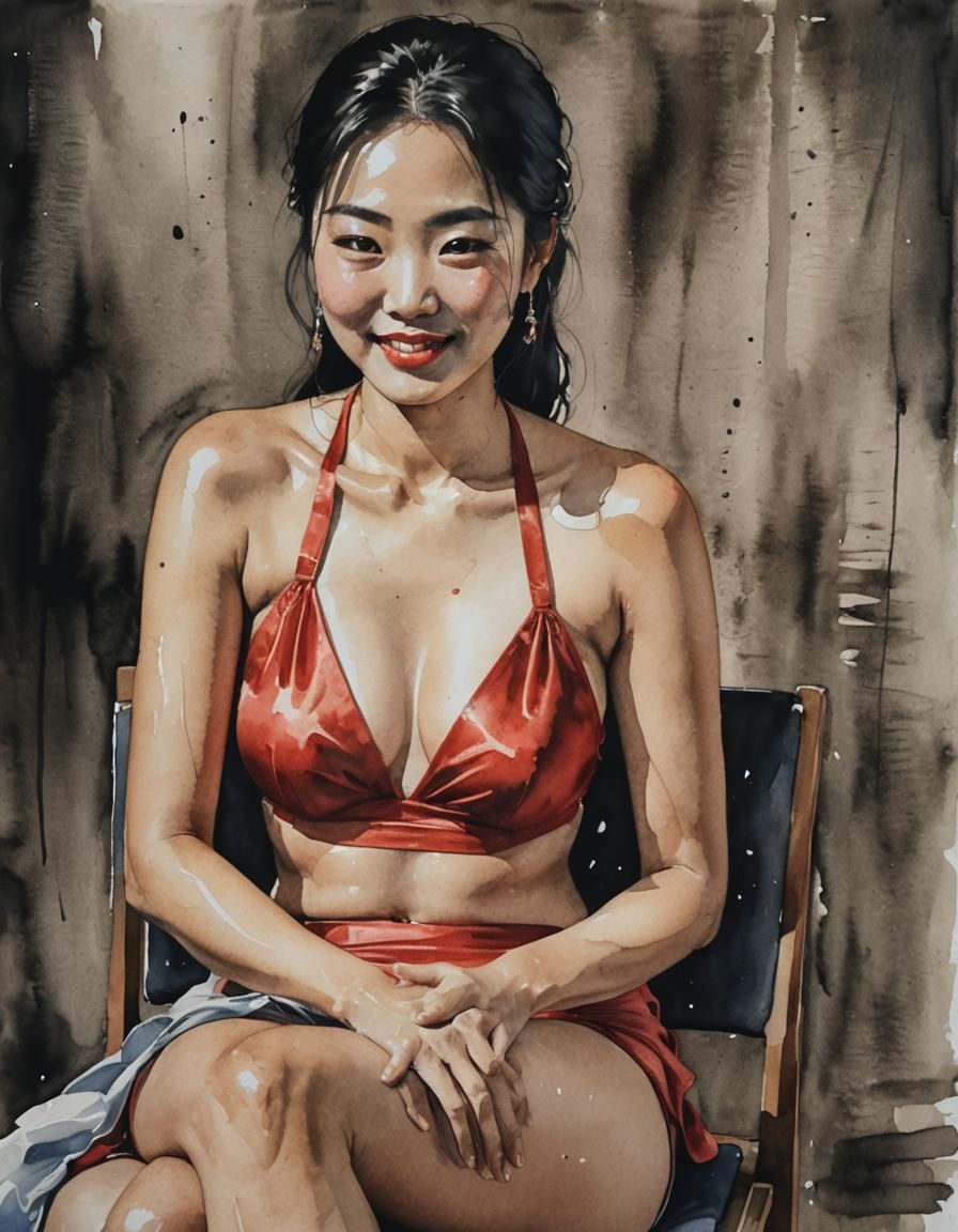 Vibrant Korean Woman Sits in Dramatic Red Bikini with Glarin...