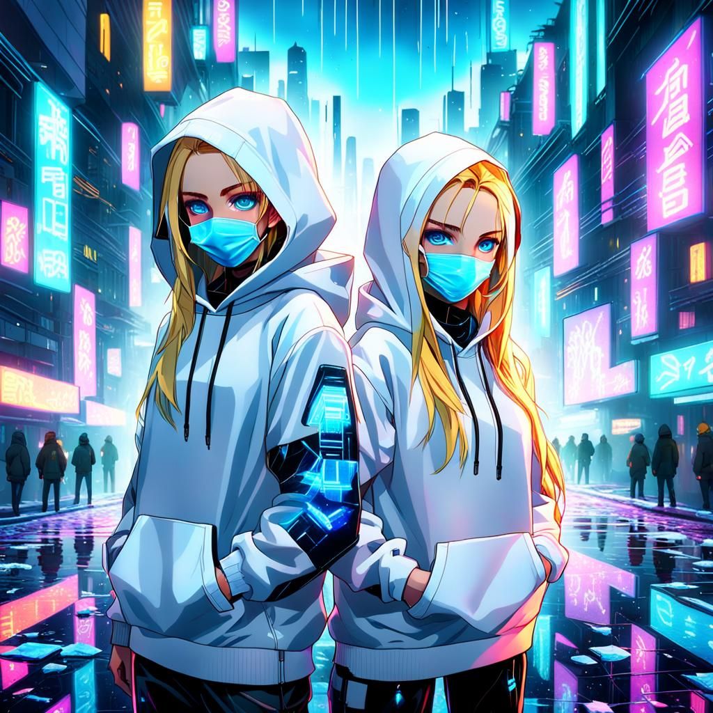 Cyberpunk Anime Duo in Neon Cityscape