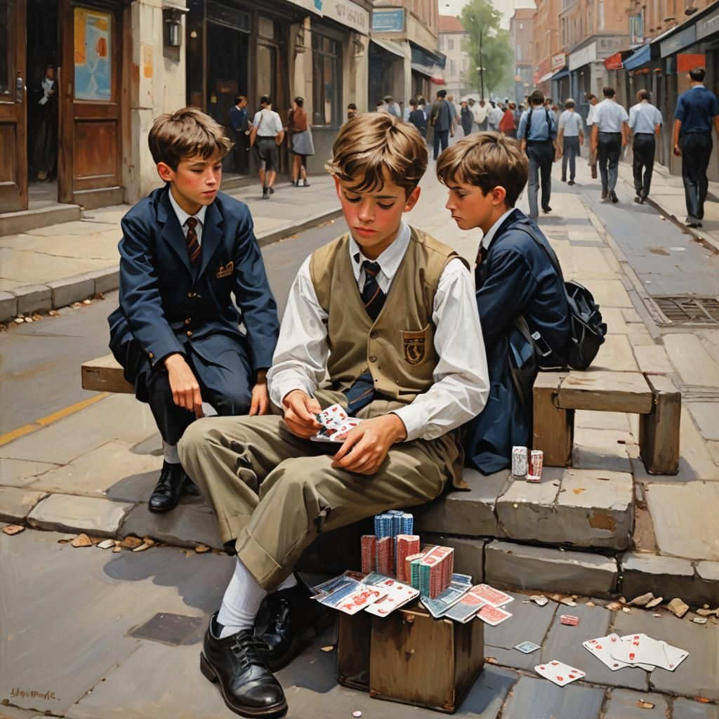 Boys Playing Cards: Oil Painting in Gurney Style