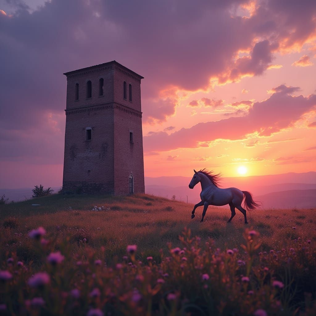 Tuscan Sunset with Tower and Galloping Horse