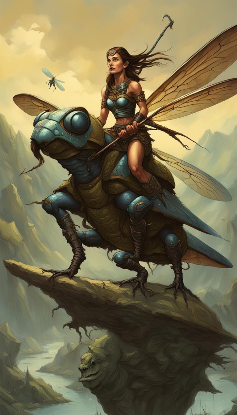 Alluring barbarian princess riding a giant dragonfly. Staning in the saddle