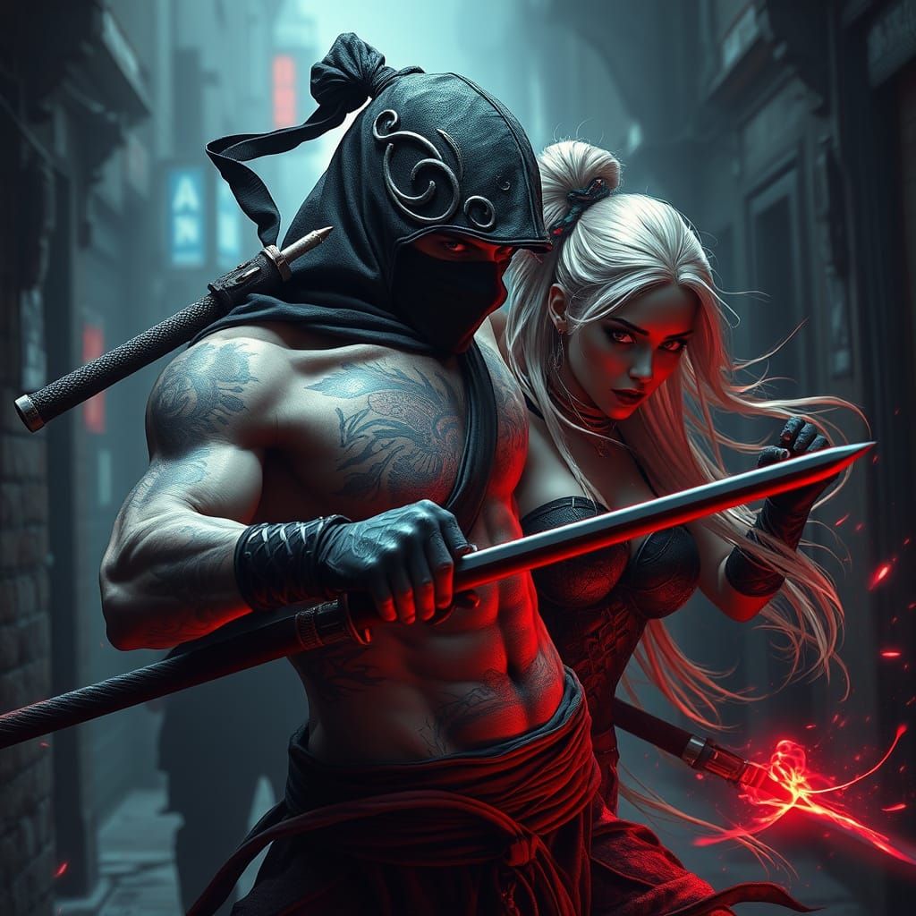 Cyberpunk Ninja Battle in Dark Alleyway