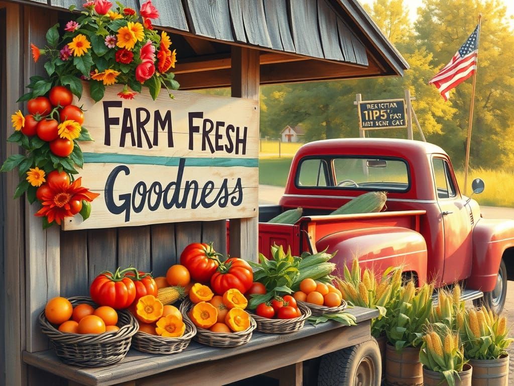 Rustic Farm Stand in Watercolor Style