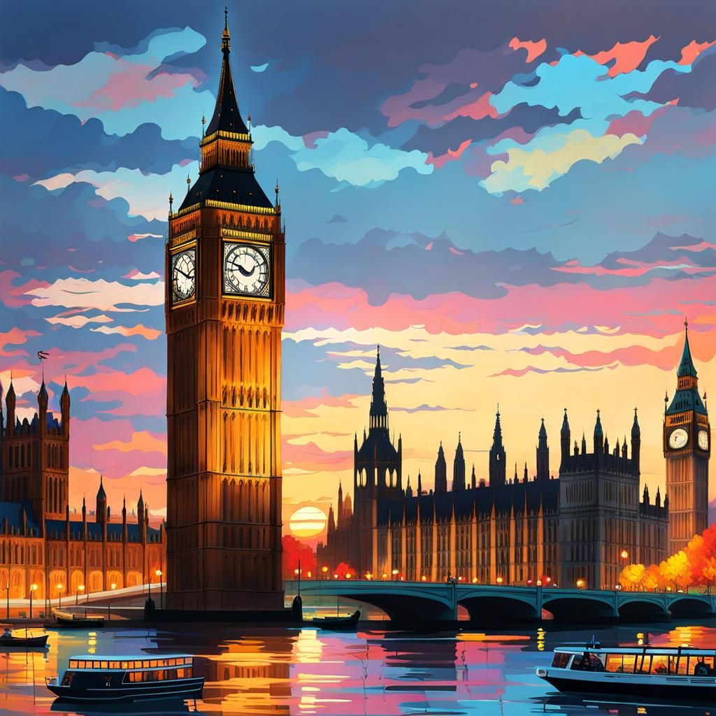 Serenity at Sunset: Big Ben's Majestic Clock Tower Reflecting Over London's Waterfront