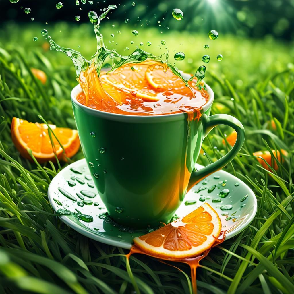 Orangeade Spill on Grass in Hyperrealistic Style