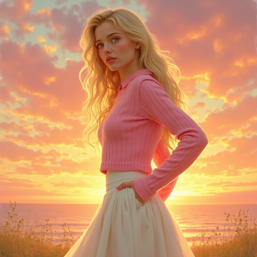 Glamorous Sunset Portrait in Soft Pastel Hues