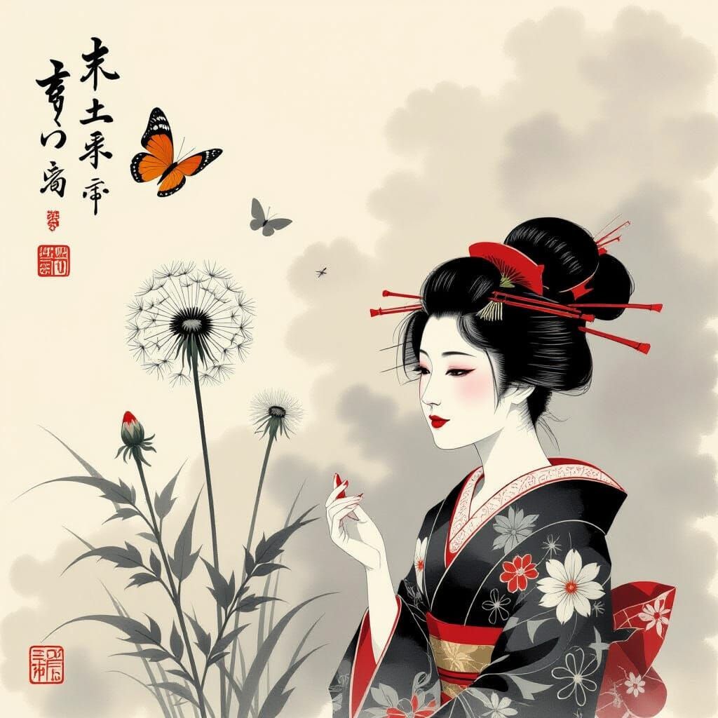 Dandelion Interrupts Butterfly Dream in Ukiyo-e Style