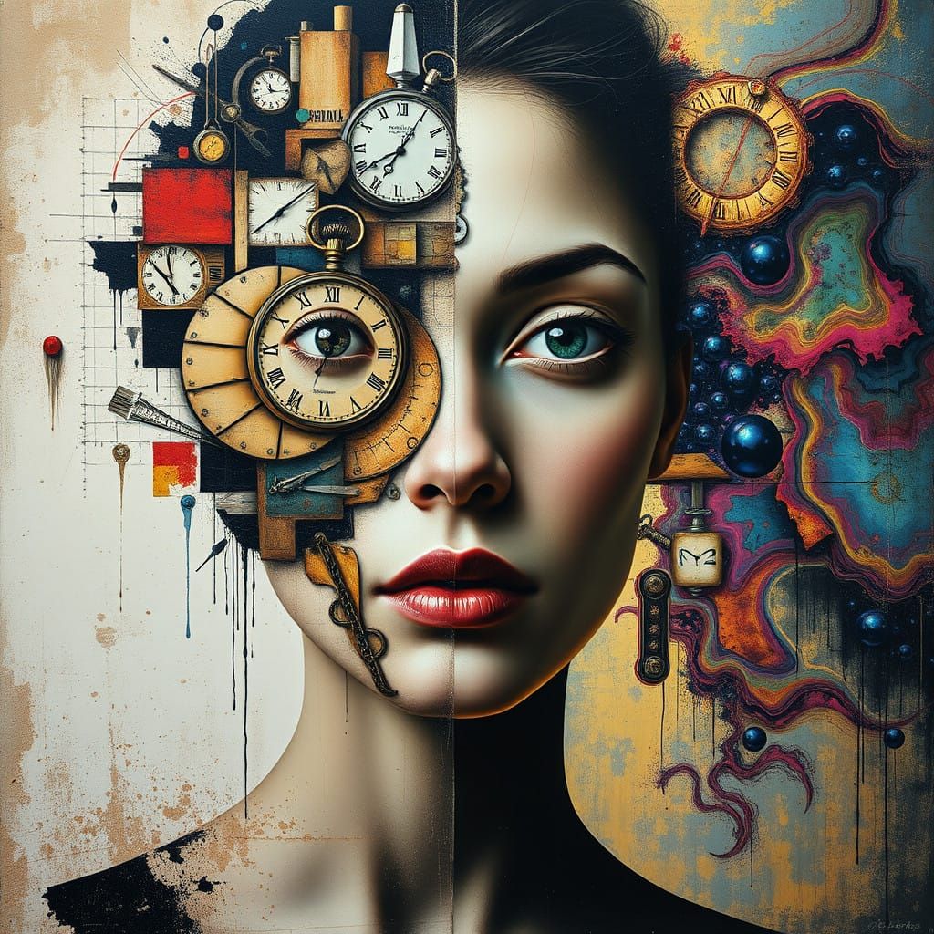 Surrealist Dadaist Face Merges with Dreamlike Cosmic Nebula