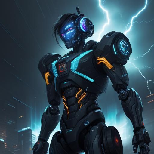 Cute AI Robot Smashing Robots in Cyberpunk Art