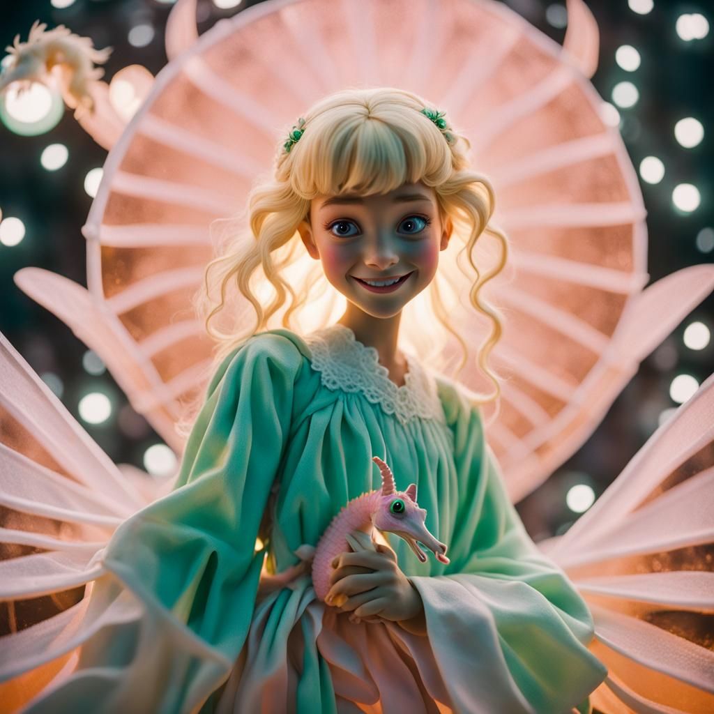 Seahorse Smiles Up at Boy in Nightgown