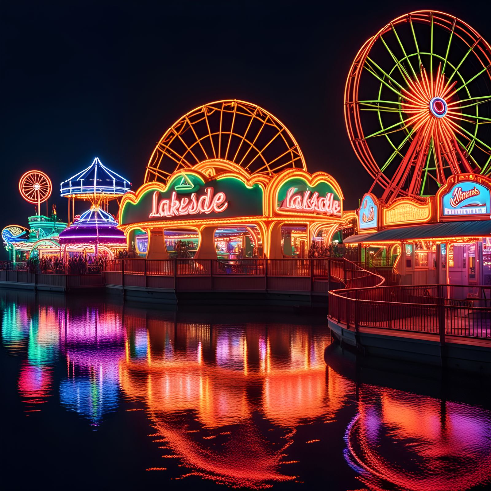 Nighttime Lakeside Amusement Park with Neon Lights