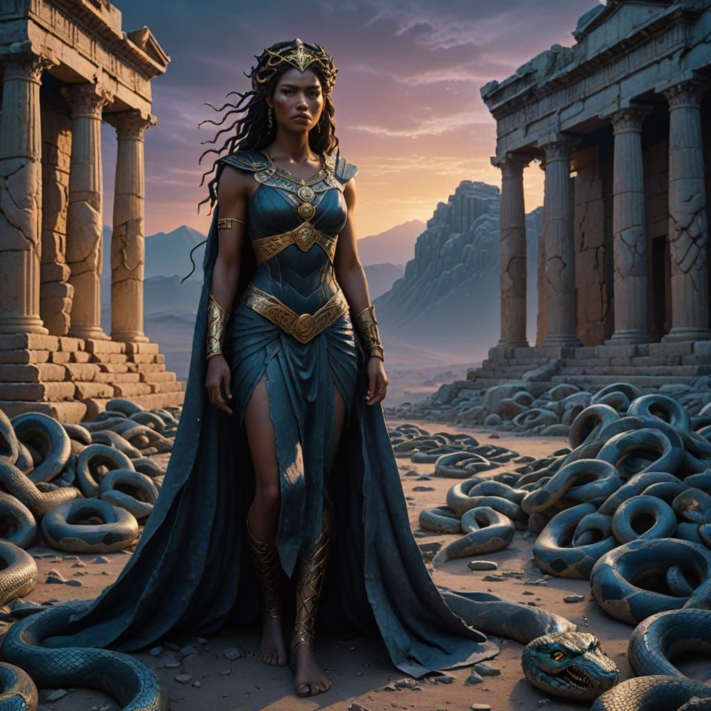 Ethereal Gorgon Medusa Emerges in Ancient Greek Desert