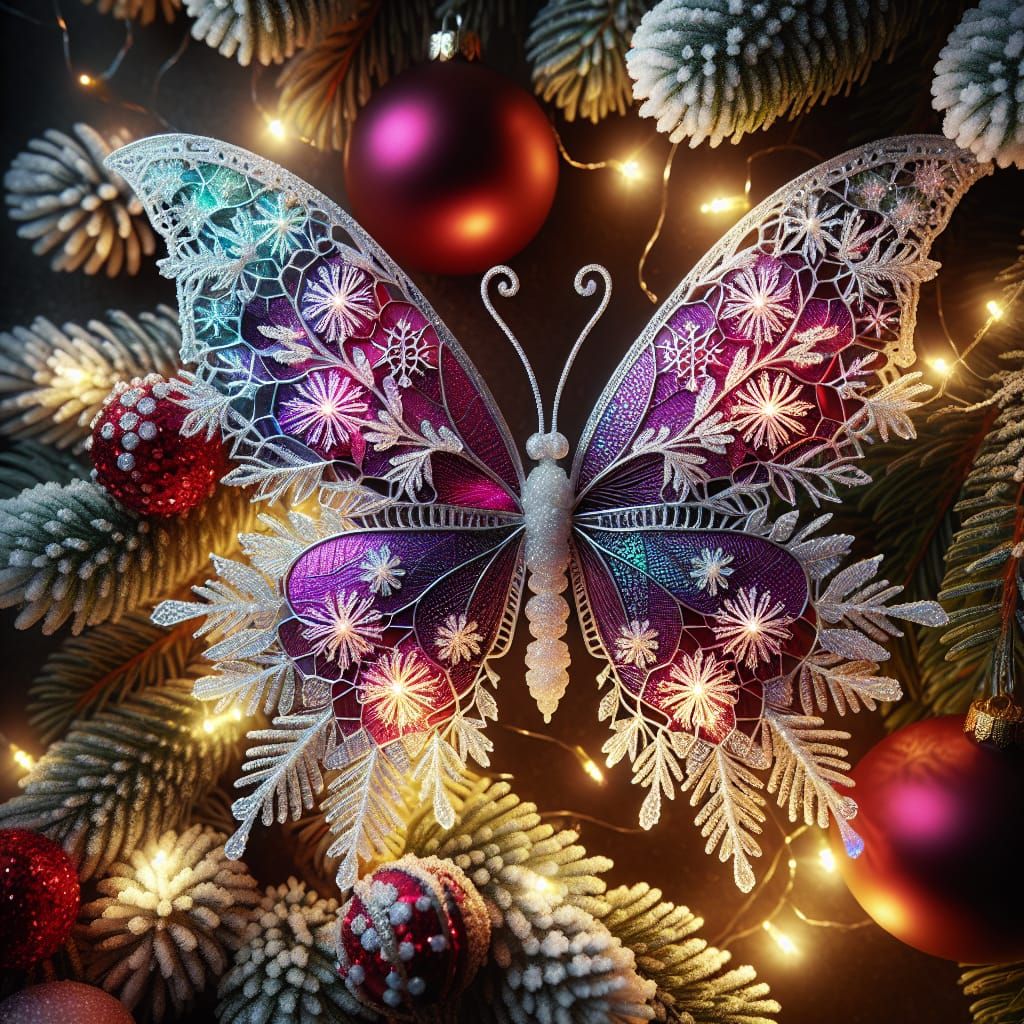 Iridescent Christmas Butterfly Made from Delicate Snowflakes