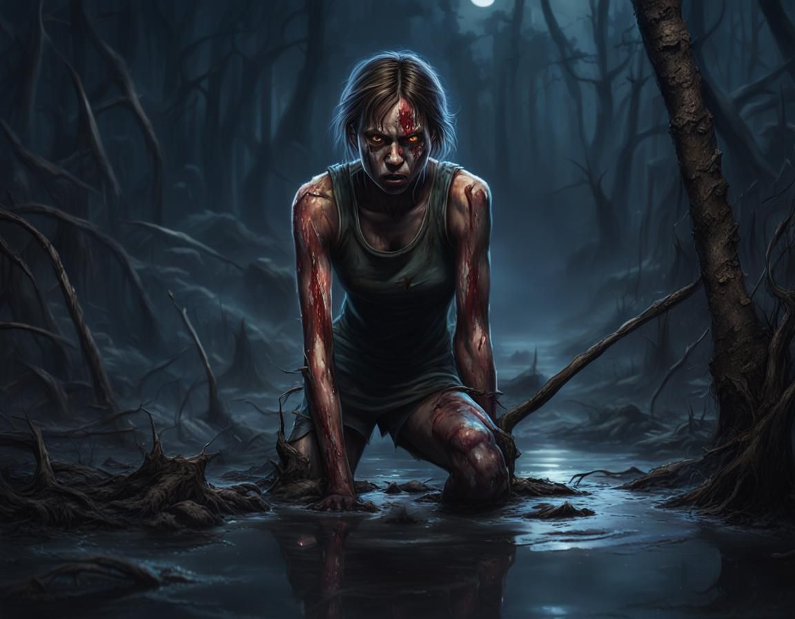 Slender Girl with Glowing Eyes in Dark Swamp