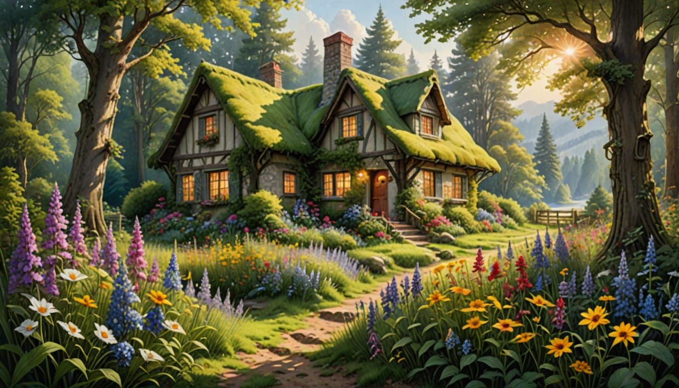 Whimsical Watercolor Cottage in Enchanted Forest