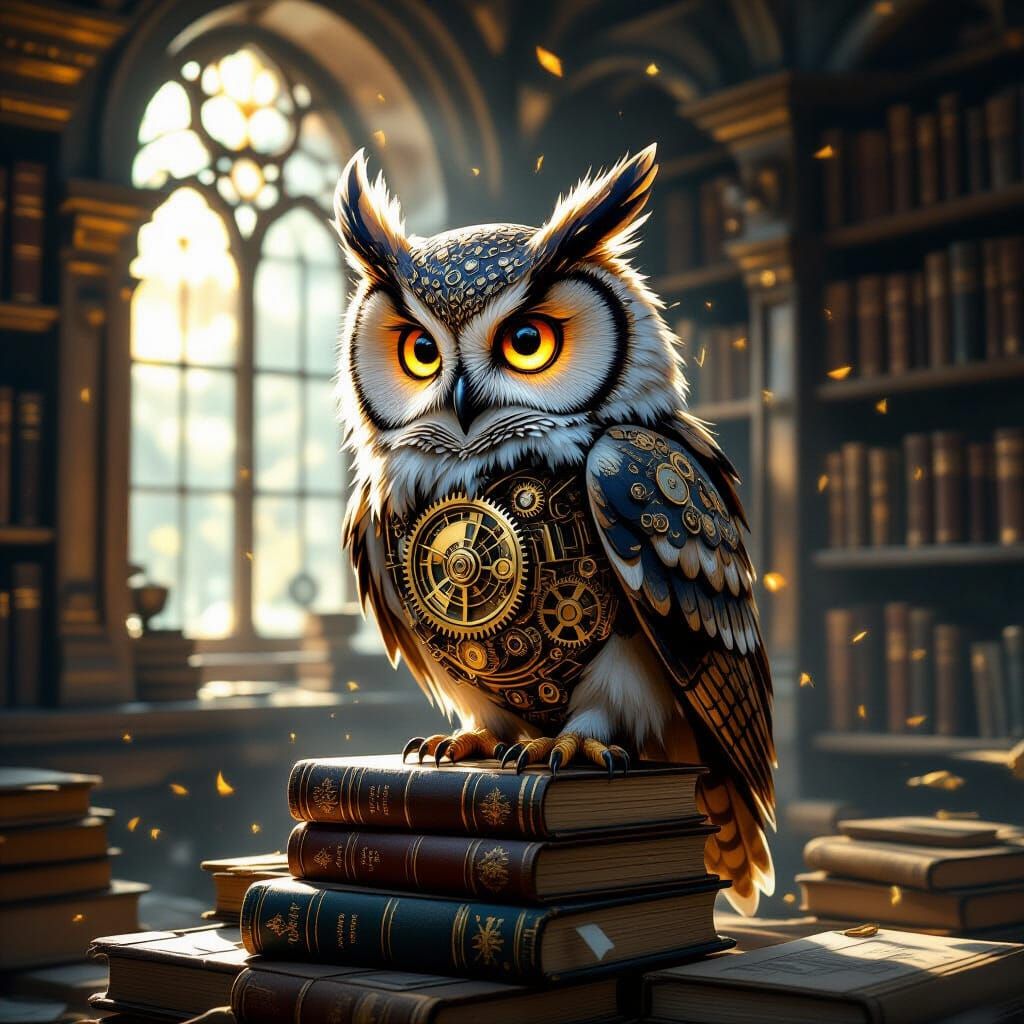 Clockwork Owl on Books in Dusty Library