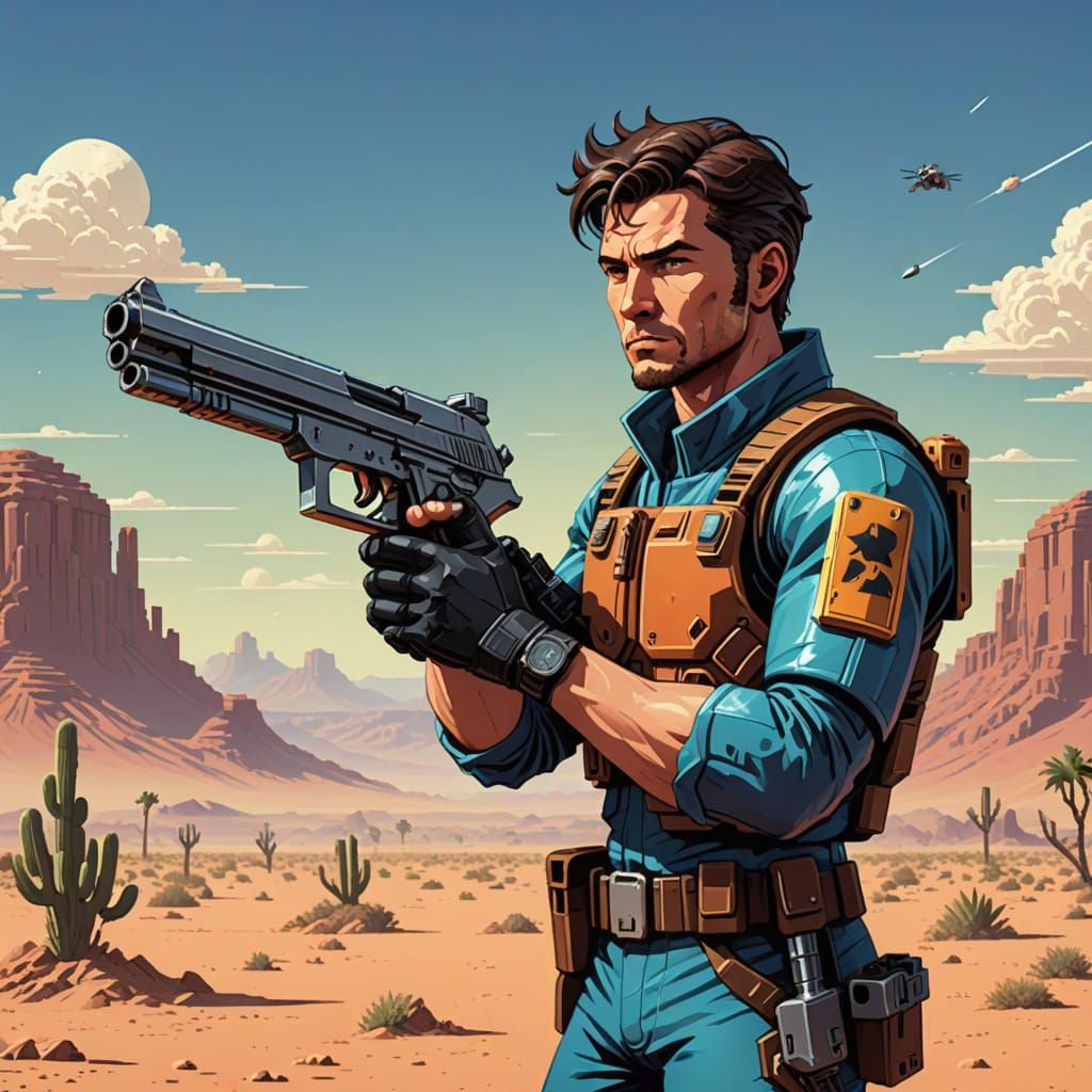 8-Bit Sci-Fi Hero in Wasteland Game Art