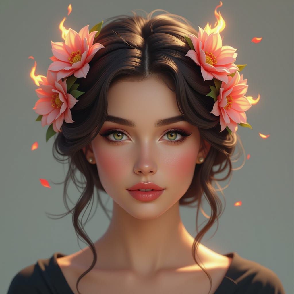 Ethereal Woman Portrait with Blooming Fire Flowers