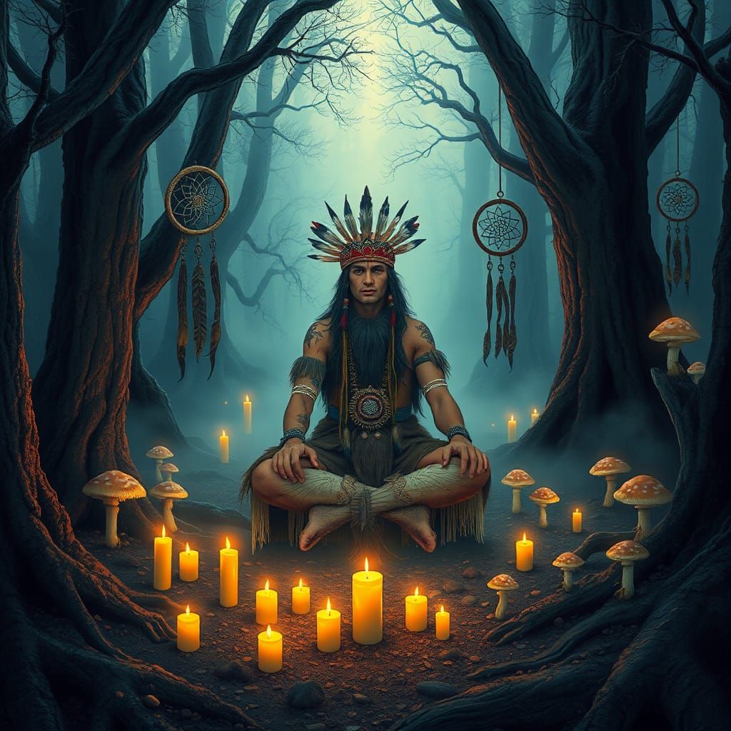Mystical Shaman in Dreamcatcher Forest, Surreal Art