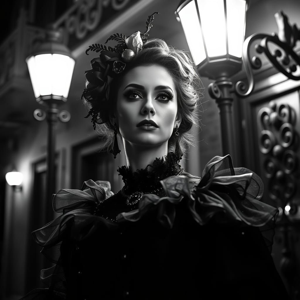 Ethereal Portrait of a Goth Fairy Godmother in Monochromatic...