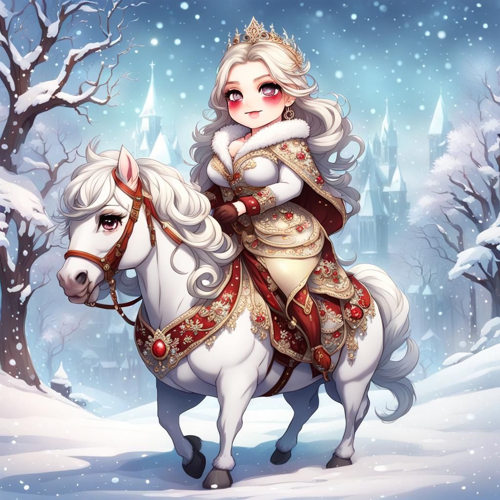 Chibi Woman on Horse in Winter Wonderland
