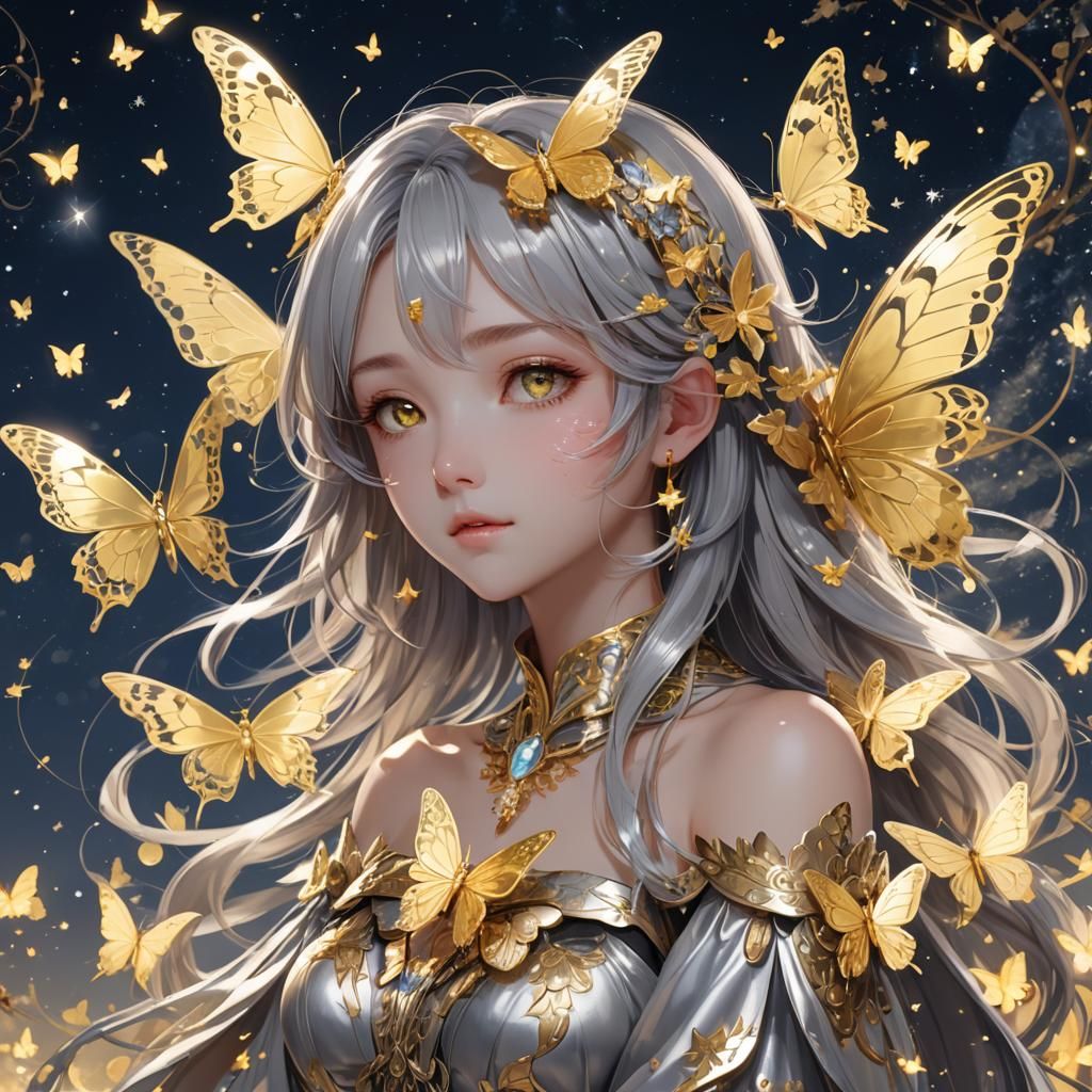 Silver Butterfly Flies Under Starry Night Sky
