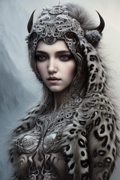 Intricate Snow Leopard Portrait in Digital Illustration Styl...