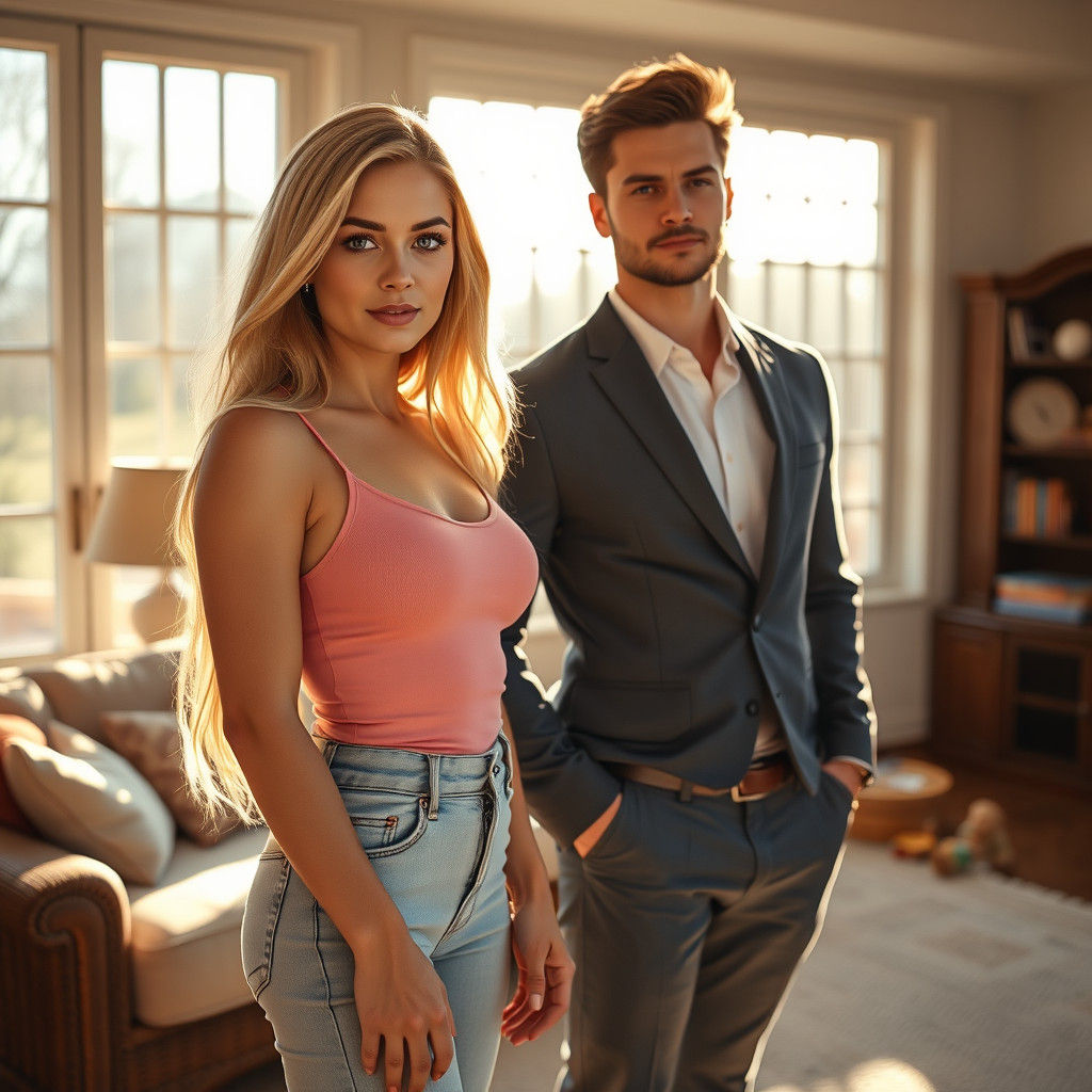 Elegant Woman in Sunlit Room, Stalenhag Style