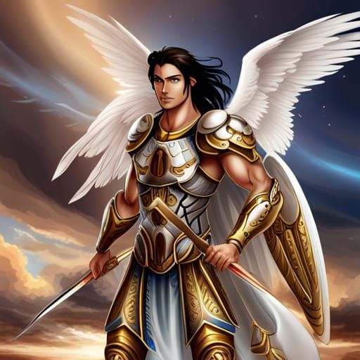 Celestial Warrior Angel in Blue and Gold Armor