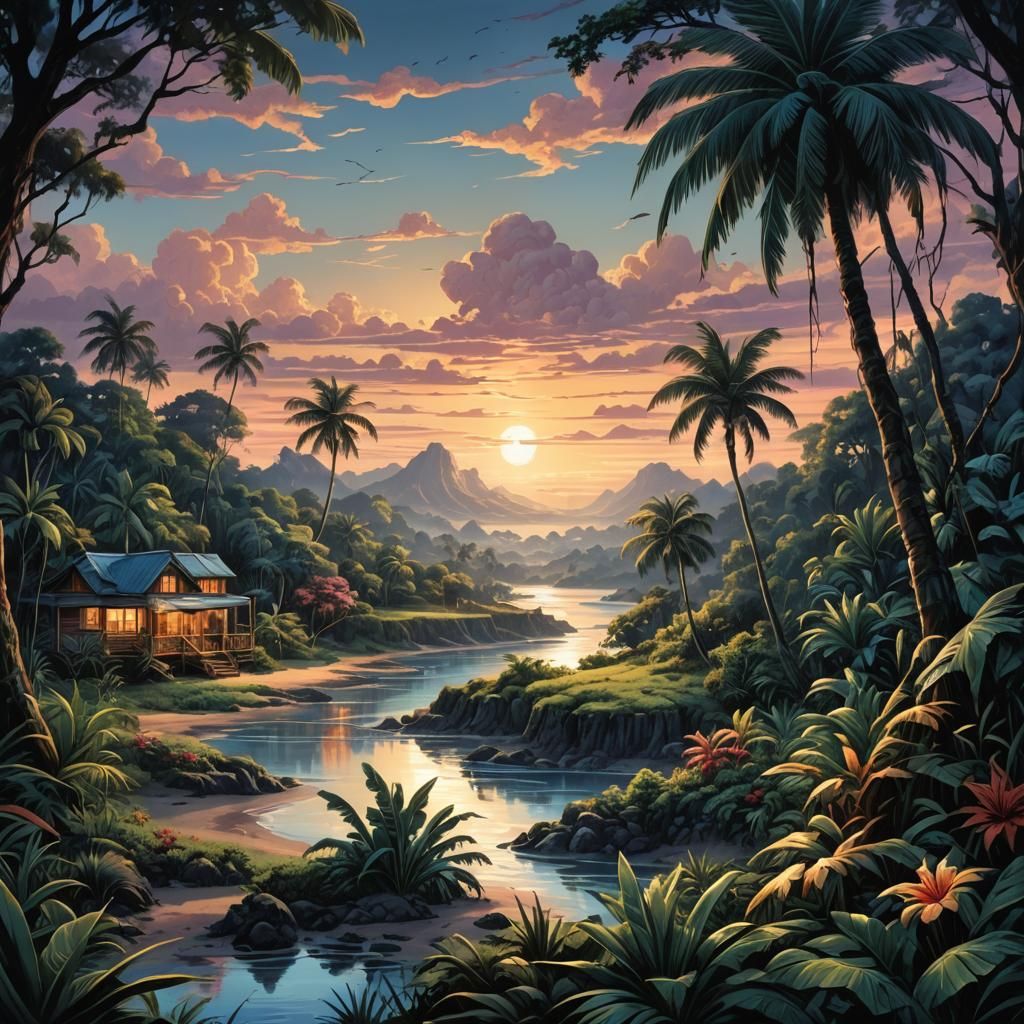 Serene Tropical Dusk Landscape in Comic Book Style