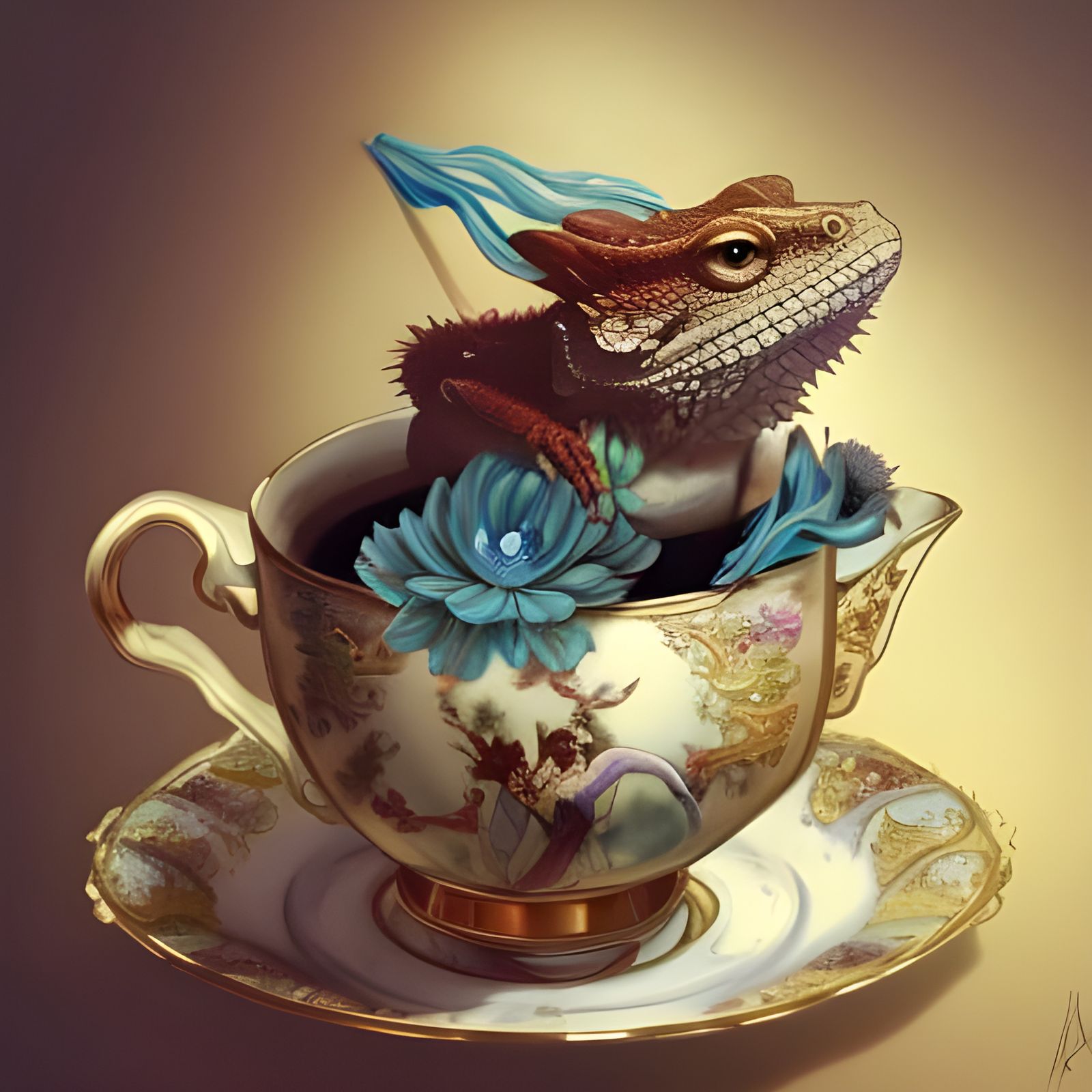 Bearded Dragon in Teacup with Blue Flowers